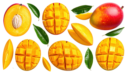 Arrangement of whole and cut mangoes with varying cuts and presentation on a Transparent background