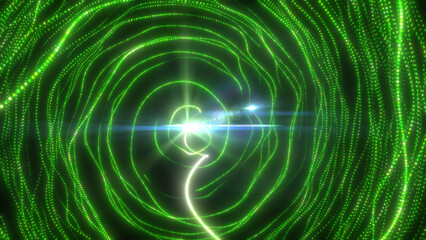 Bright green glowing tunnel with energy particles swirling into a futuristic vortex
