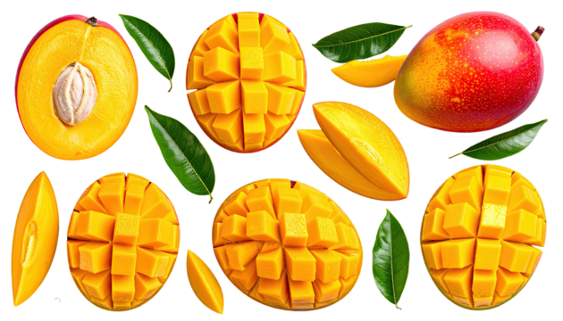 Arrangement of whole and cut mangoes with varying cuts and presentation on a Transparent background