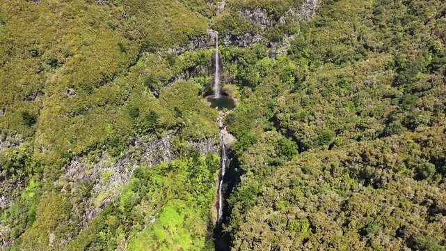 Natural attraction of Risco falls in lush terrain of Raba&ccedil;al on Madeira, aerial
