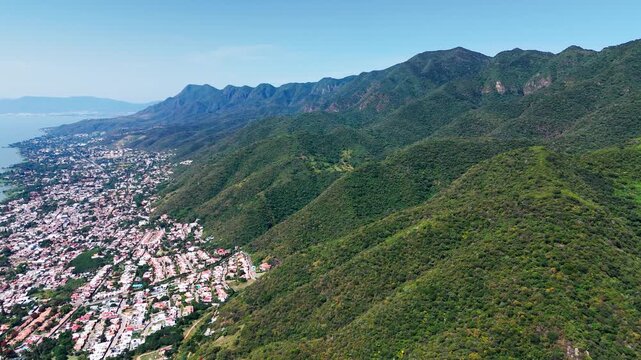 Beautiful aerial drone perspective of the magical town of ajijic on the shores of lake chapala