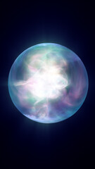 Ethereal glowing energy sphere emitting colorful light in blue, green, and pink hues on dark background