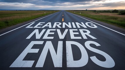 The words learning never ends painted on a road, symbolizing lifelong learning