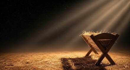 Wooden manger filled with straw illuminated by soft rays of light, creating a serene atmosphere, symbolizing the Nativity of Christ and the essence of hope and peace