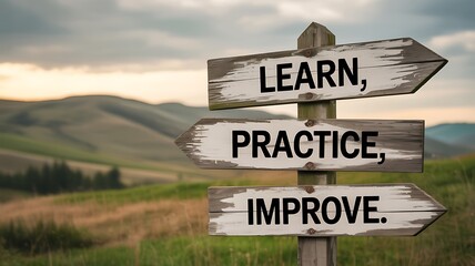 Learn, practice, improve signpost in a rural landscape to encourage selfimprovement