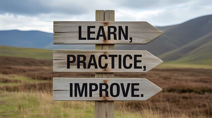 Wooden signpost with the words learn, practice and improve in a rural setting