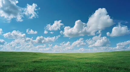 Fototapeta premium Vibrant Sky Over Green Meadow with Scattered Clouds Under Sunlight