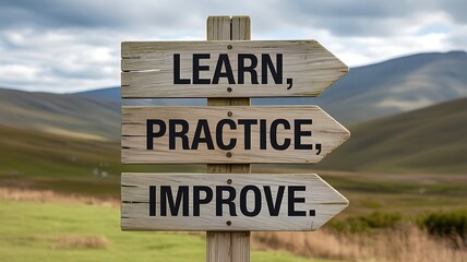 Wooden signpost with the words learn, practice and improve in a rural landscape