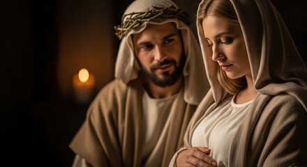 Fototapeta premium Nativity scene featuring a serene woman and man, with soft lighting and warm tones, capturing the essence of a sacred moment in a humble setting with deep emotional connection