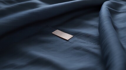 Elegant dark blue silk fabric with a small golden tag, close up shot