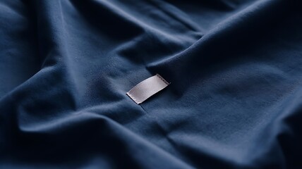 Close-up shot of a small tag on a luxurious dark blue velvet fabric