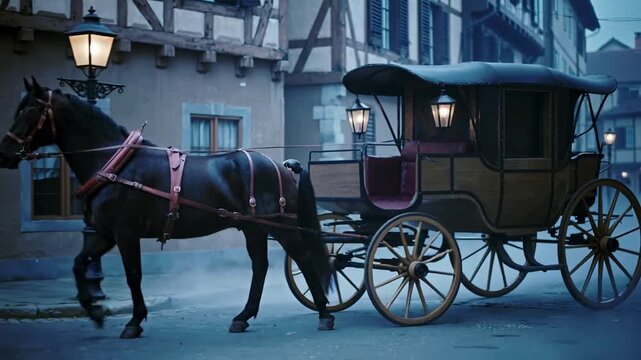 Ethereal Dawn Stroll: Vintage Horse-Drawn Carriage Navigating a Misty Cobblestone Street in a Historic European Town with Glowing Lamplights