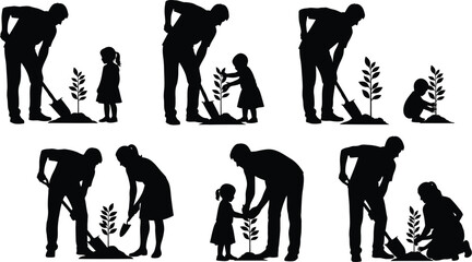 Silhouettes of people planting trees in various poses and scenarios