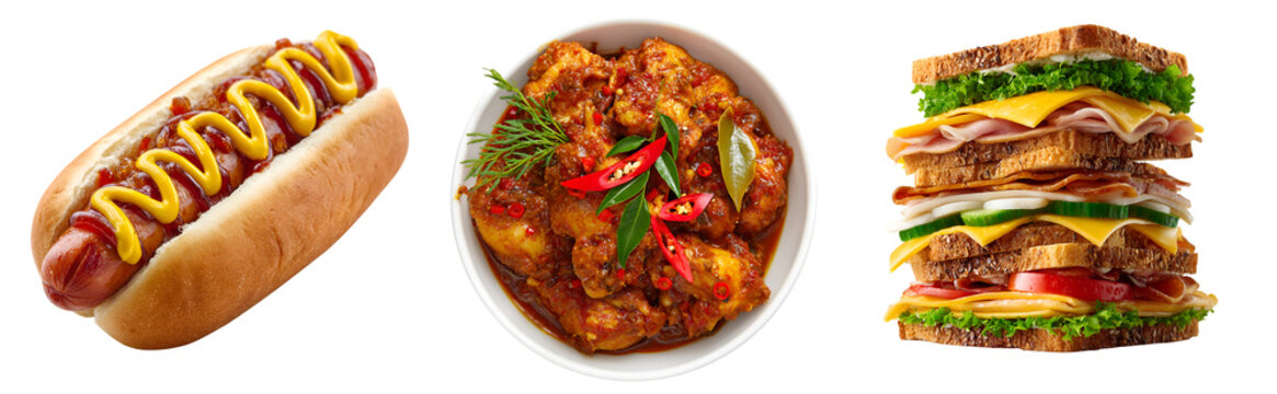 A hotdog with mustard and ketchup, a bowl of curry, and a tall sandwich on a transparent background