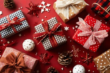 Christmas gifts and decorations on red background