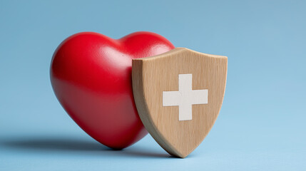 Red Heart and Wooden Shield. Health Insurance, Medical Protection, Heart Care, Safety, Minimalist Wellness Concept. 