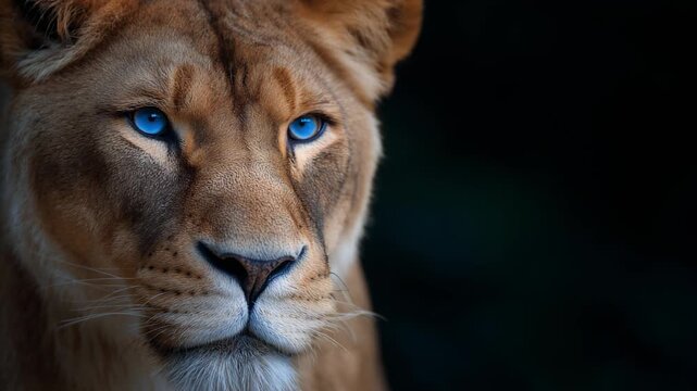 Stunning close-up of a lion's face showcasing striking blue eyes and a majestic expression