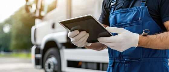 Worker in gloves uses tablet in front of large truck at outdoor location during the day to manage logistics and operations