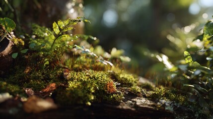 Enchanted forest floor detail with vibrant moss and delicate fern fronds