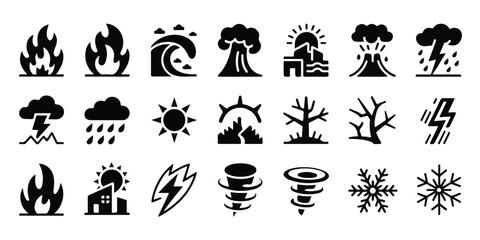 Fototapeta na wymiar High-quality vector of 20 black-and-white minimalist silhouette icons of natural disasters and extreme weather, aligned grid, clean geometric shapes, modern, bold.