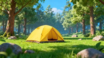 Serene Natural Camping Landscape with Yellow Tent