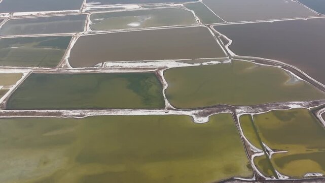 Aerial view of the Yuncheng Salt Fields showcasing the vibrant colors of the rectangular pools, a stunning display of natural artistry, Yuncheng, China.