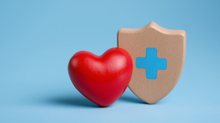 Fototapeta premium Red Heart and Wooden Shield. Health Insurance, Medical Protection, Heart Care, Safety, Minimalist Wellness Concept. 