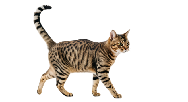 Bengal cat with spotted coat walking isolated on transparent background
