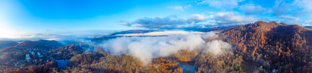 Panorama of the Sovata resort area - Romania seen on an autumn morning, aerial view