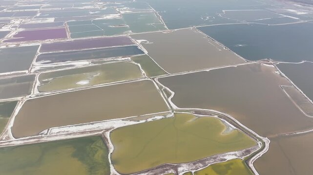 Aerial view of the Yuncheng Salt Fields, a mesmerizing patchwork of vibrant colors, creating a stunning geometric landscape, Yuncheng, Shanxi, China.