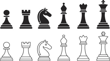 Black and white chess pieces vector illustration, strategic game icons set including pawn, rook, knight, bishop, queen, and king design. © MstMaher