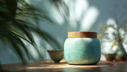 Teal Ceramic Jar on Wooden Table with Plants in Background.