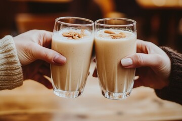 Two hands hold and clink glasses of creamy almond-topped beverage, sharing a cozy moment with delicious, healthy drinks.