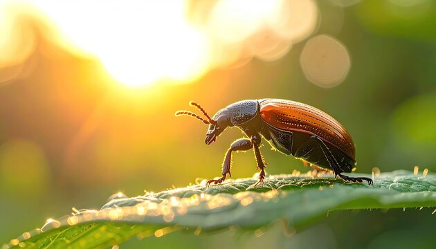 Close up macro of a beetle on a green leaf with dew drops illuminated by golden morning sunlight creating a soft bokeh background