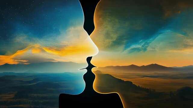 Stunning silhouette of two faces with vibrant landscapes, perfect for exploring duality and connection