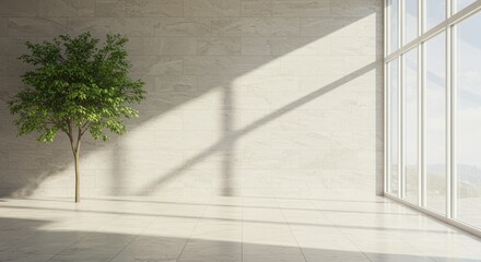 Fototapeta premium Modern interior with large window, tiled wall, and a single tree minimalist room
