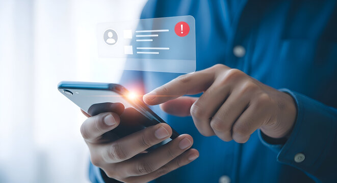 Man using smartphone with notification icon, symbolizing alert and communication on mobile device