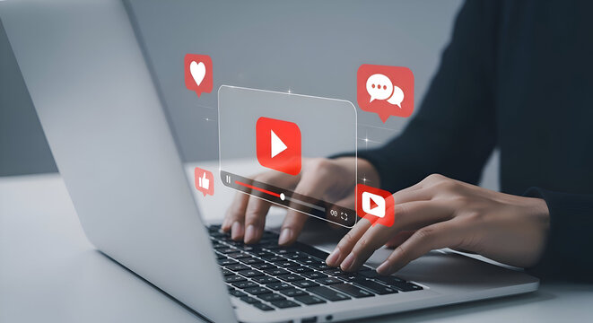 Woman typing on laptop with social media icons, showcasing online engagement and digital marketing - Powered by Adobe