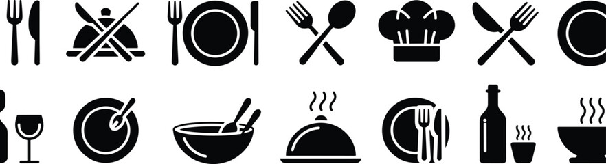 Black and White Dining Icons for Restaurant Menu, Culinary Website, Kitchen Tools, Food Service, Cooking, Hospitality, Tableware, and Beverage Design