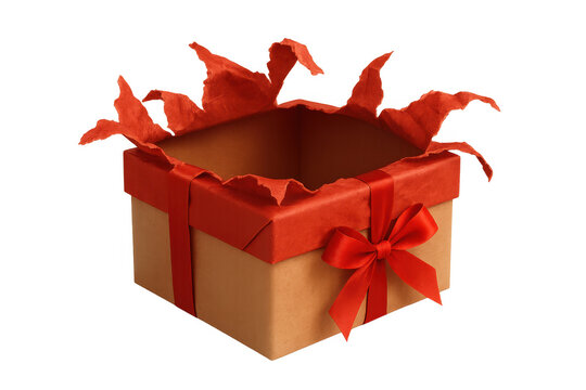 Empty gift box with torn red wrapping paper and ribbon, surprising reveal of an unwrapped present