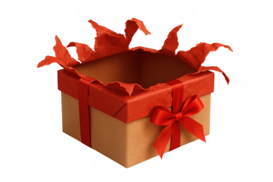 Empty gift box with torn red wrapping paper and ribbon, surprising reveal of an unwrapped present