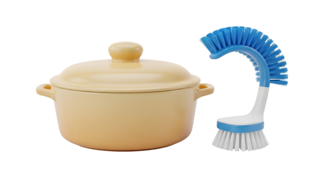 Yellow pot with lid and blue cleaning brush, isolated on transparent background