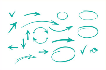Vector Hand Drawn Arrows and Circles Set Collection of Sketch Doodle Style Markers Signs Isolated On White Background For Presentation Notes and Bullet Journaling Design