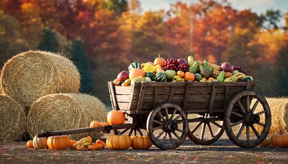 A wooden cart filled with fruits and gourds in a field during the autumn season