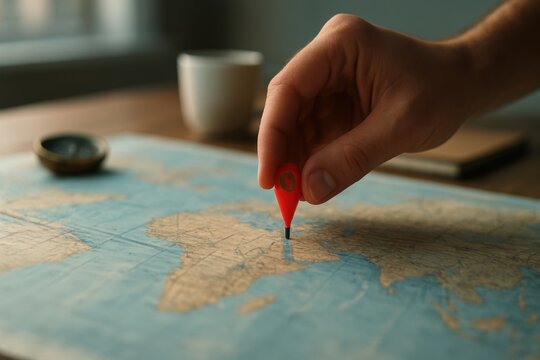 hand placing a red location marker on a world map spread across a wooden table, symbolizing travel planning, exploration, and wanderlust. Soft natural light enhances the calm, cinematic atmosphere.