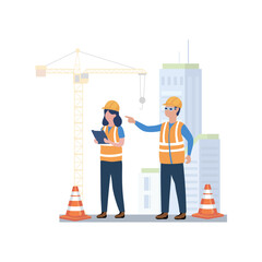 Male and female engineers or construction managers supervising a building site with a large crane and city buildings in the background