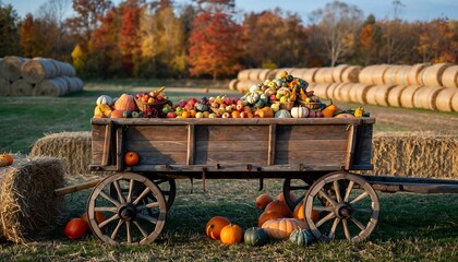 A wooden cart filled with pumpkins and gourds in a field during the autumn season
