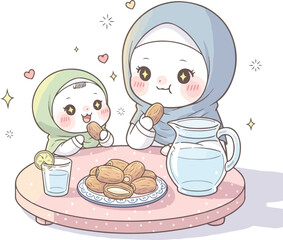 Capture heartwarming family moments with this charming illustration of a mother and child sharing sweet dates and refreshing water, perfect for Ramadan and Eid celebrations.