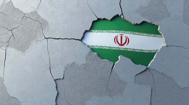 Flag of Iran visible through the cracked concrete wall creating a powerful visual representation of resilience and national identity