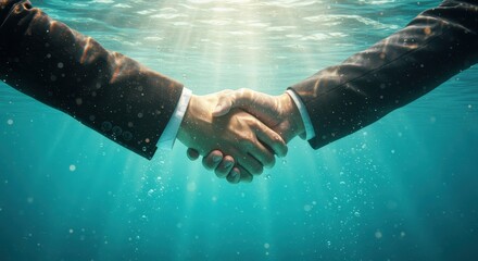 Two businessmen in suits shaking hands underwater with sunbeams and bubbles handshake agreement